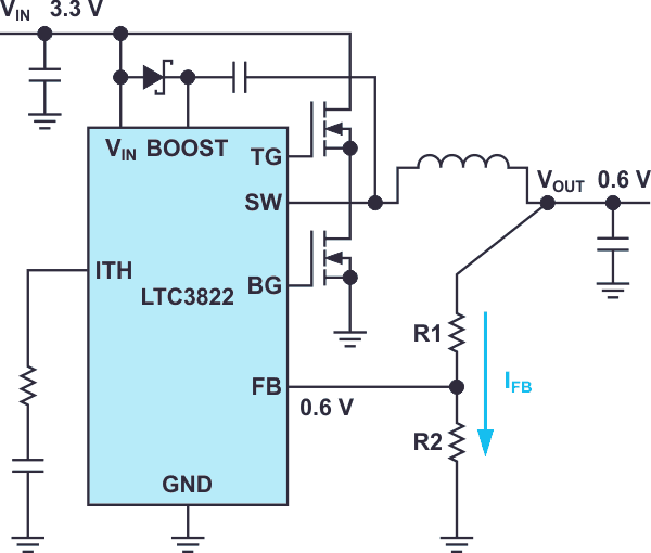 DC/DC преобразователь LTC3822 может использоваться для стабилизации низких выходных напряжений вплоть до 0.6 В.