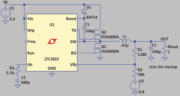 A simulation tool such as LTspice from Analog Devices can be used for initial testing of the circuit to verify that the configuration will work with these components (in principle).