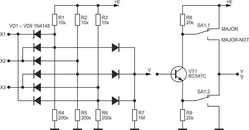 Электрическая схема диодно-транзисторного трехвходового логического элемента «Мажоритарность» («MAJOR») и «Мажоритарность-НЕ» («MAJOR-NOT»).