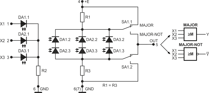Электрическая схема оптоэлектронного трехвходового логического элемента, выполняющего функции «Мажоритарность» («MAJOR») и «Мажоритарность-НЕ» («MAJOR-NOT»).