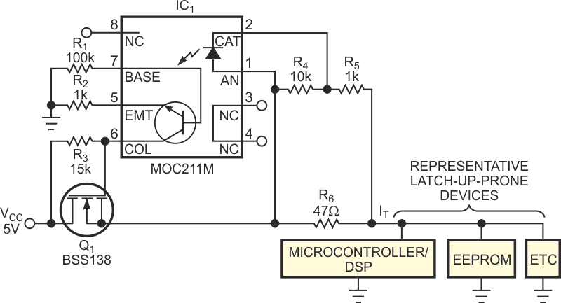 Upon sensing an overcurrent spike, this circuit interrupts power and enables the circuit's recovery from ESD-induced latch-up.