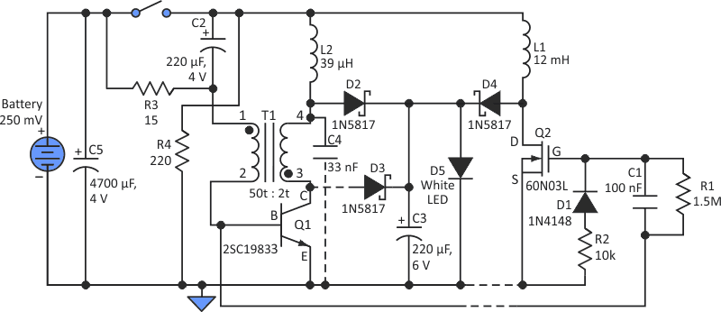 This converter circuit uses a third wire connected upstream of the power switch to «kick-start» operation at less than 250 mV, while using a BJT rather than a JFET or germanium transistor.