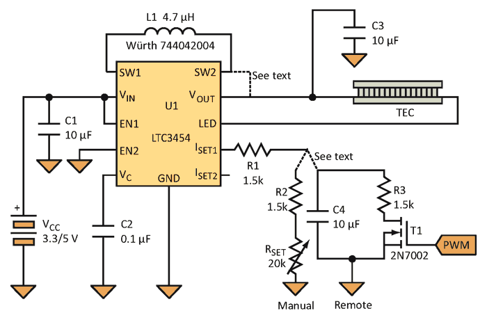 When electro-optic components only need the thermal electric cooling of a light load for their temperature stabilization, an LED driver can serve as a low-cost current source and offer active or manual setpoint control.