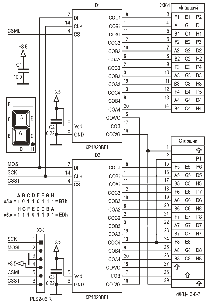 Принципиальная схема сопряжения ЖКИ ИЖЦ-13-8-7 с контроллерами КР1820ВГ1.