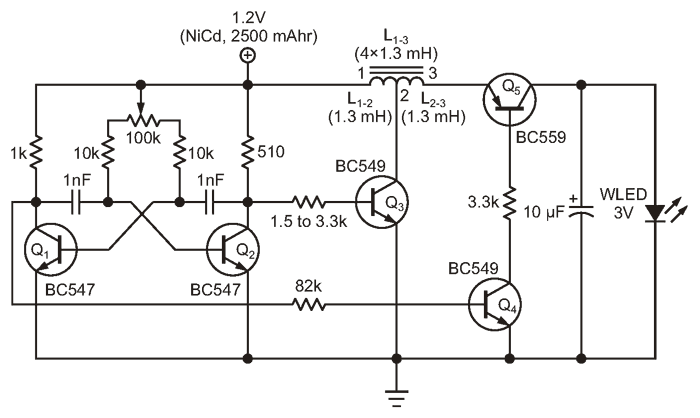 An inductive voltage booster powers the white LED.