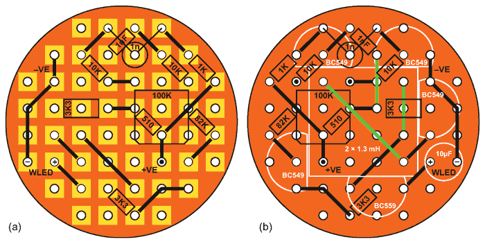 The circuit's components can be assembled onto the two sides of a circular general-purpose board: Connections on the lower surface have been mirrored (a); from the top, component placement is shown in white, and connections are shown in green (b).