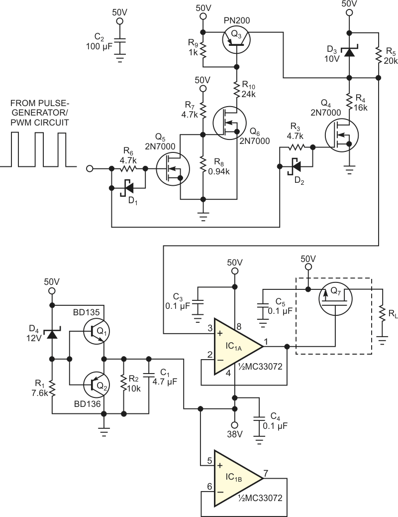 An op amp operating at 38 to 50 V provides power to a load through power-MOSFET Q7.