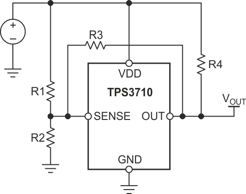 TPS3710 with resistors added for hysteresis.