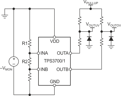 TPS3700/1 configured for negative voltage sensing.