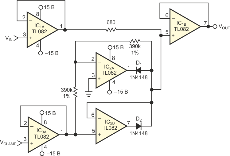 Эта схема обеспечивает ограничение входного сигнала в диапазоне, регулируемом от  ±1 В до ±10 В.