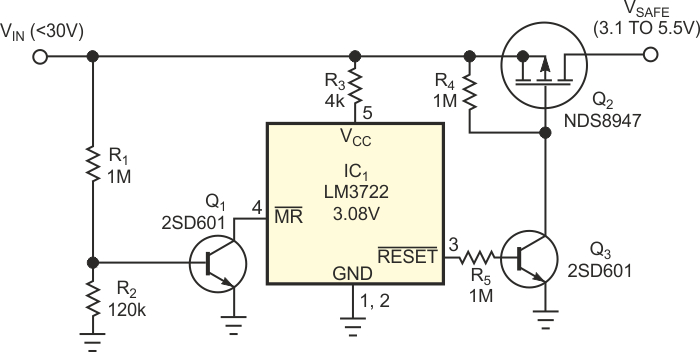 This LM3722 configuration connects only safe voltages to sensitive ICs.