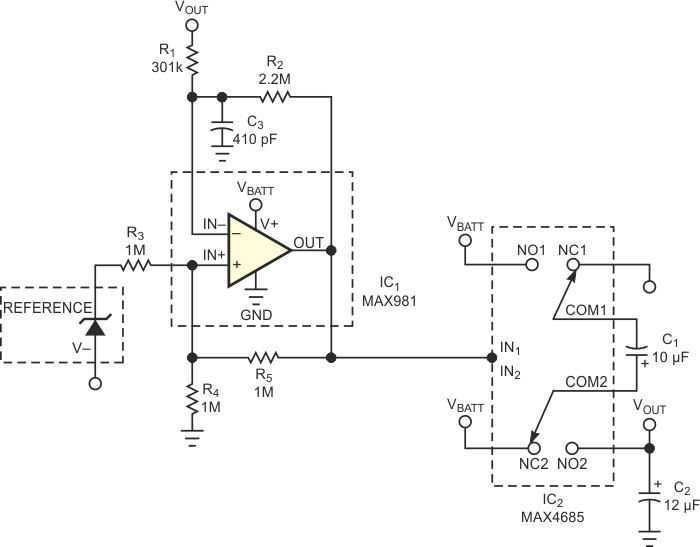 This charge-pump circuit uses analog switches to achieve ultralow quiescent current.