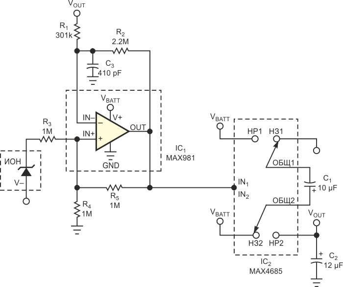 Для достижения ультранизкого тока покоя в этой схеме зарядового насоса используется аналоговый коммутатор.