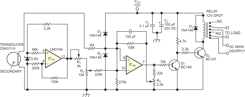 IC1B is a precision, fast-acting comparator and controls whether the relay is active based on a preset reference-voltage level.