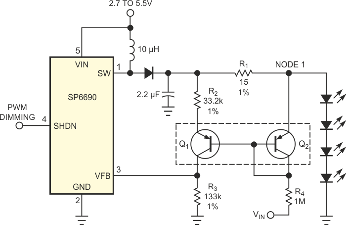 This circuit provides high-side current sensing for driving a string of white LEDs.