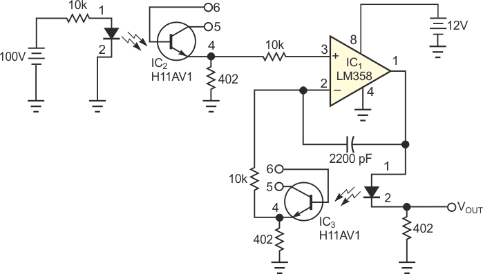 By using two optocouplers instead of one, you can cancel temperature-dependent gain drift.