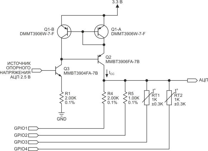 ранзисторы Q1-Q3 и резистор R1 образуют источник постоянного тока, способный отдавать вытекающий ток порядка 1 мА при использовании опорного напряжения АЦП 2.5 В.