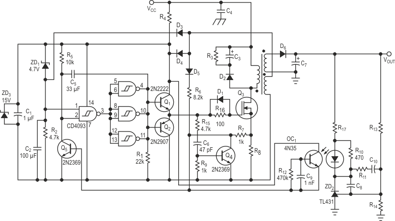 Using a simple CMOS IC, this flyback power-supply circuit exhibits extremely low noise.