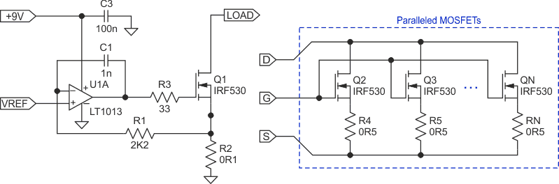 This simple current load and paralleled MOSFETs can be used for larger current and power dissipation.