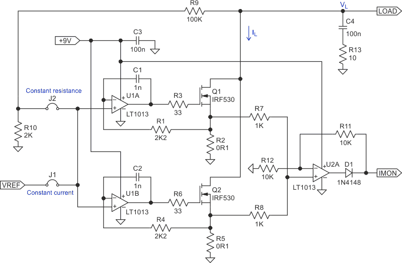 This current load schematic uses two independently-controlled MOSFETs.