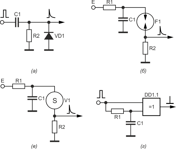 Варианты схем генераторов коротких импульсов с использованием