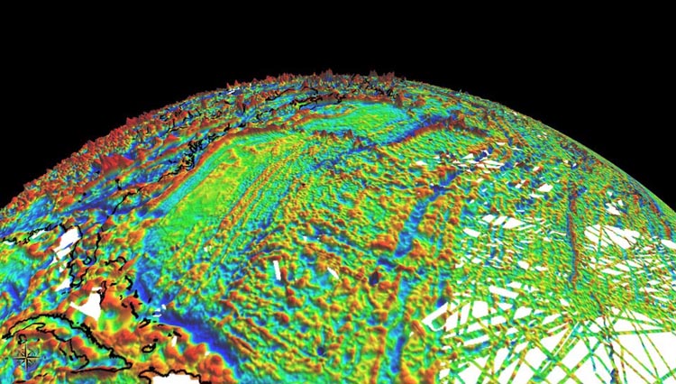 Эта карта, в отличие от обычной карты Земли, показывает вариации магнитного поля части земного шара, измеренные на стандартизированной фиксированной высоте над поверхностью. (Источник: http://geomag.org/models/wdmam.html).