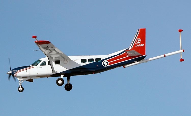 One test aircraft used by the project team was a Cessna Caravan that's routinely outfitted for geophysical surveying