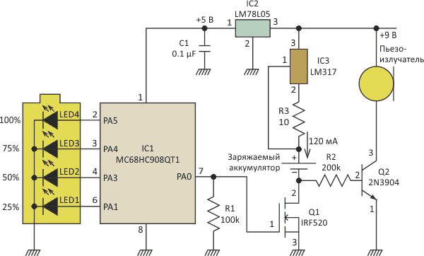 Постоянный зарядный ток, формируемый линейным регулятором напряжения  и резистором