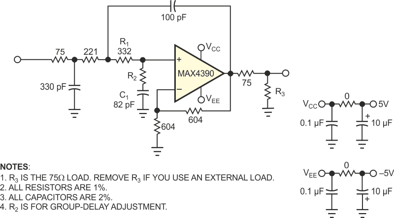 This three-pole Butterworth video-reconstruction filter has adjustable group delay.