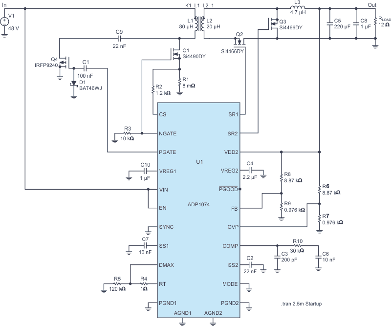 Example of a circuit with an ADP1074 simulated in LTspice.