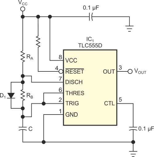 The simple addition of a bypass diode makes this timer circuit valid for low duty cycles.