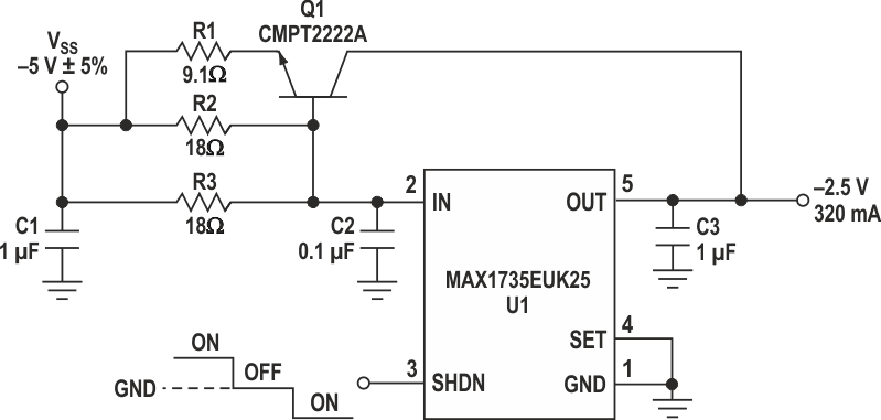 A pass transistor and associated resistors boosts load current in this negative linear regulator by 60%.
