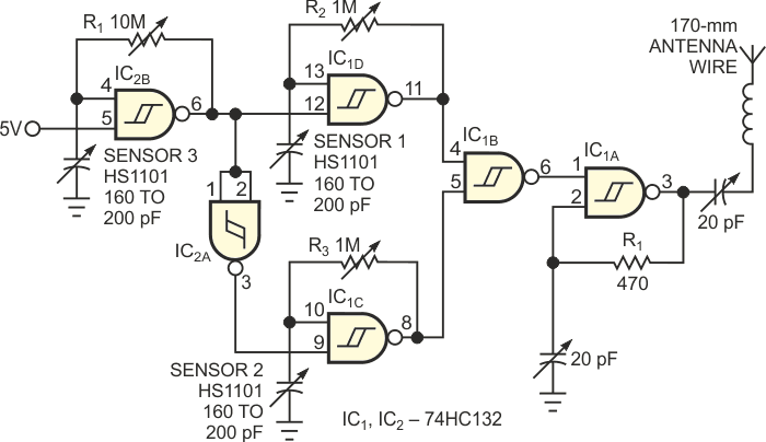 Using FSK modulation, you can generate three independent relative-humidity measurements with one circuit.