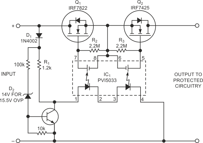 This polarity-protection circuit incurs lower forward-voltage drop than the best Schottky diodes.