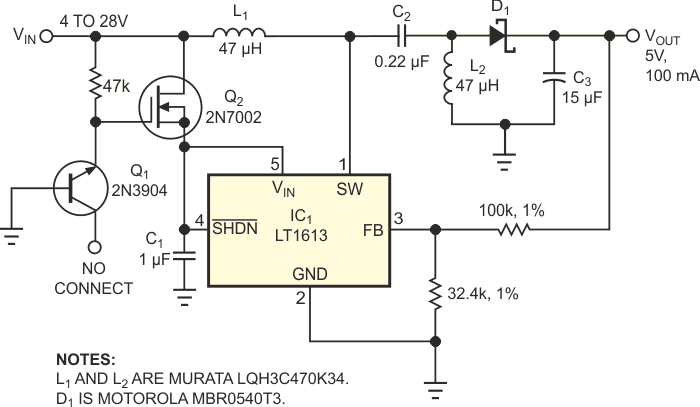 Q1 stands in for a zener diode in this SEPIC with a wide input-voltage range.