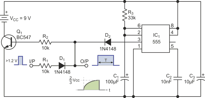 This diagram shows a 555 timer circuit with zero quiescent current.