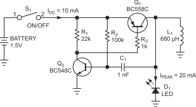 You can eschew expensive dc/dc converters by using this inexpensive circuit to drive a white LED from a single battery cell.