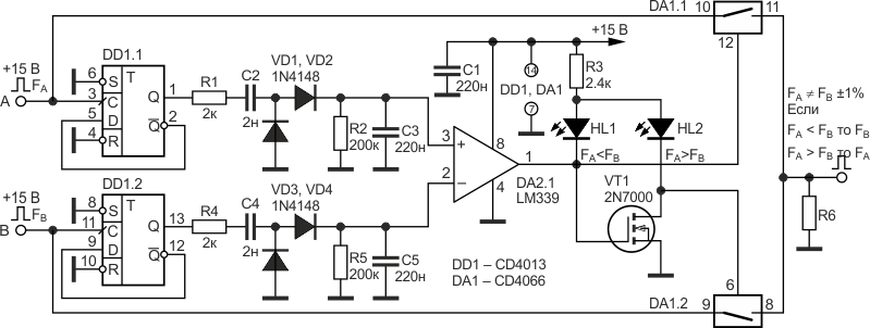 Электрическая схема устройства для сравнения двух цифровых сигналов по их частоте.