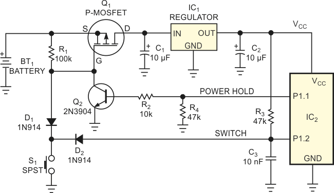 One switch can provide power control and user inputs to a microcontroller-based system.