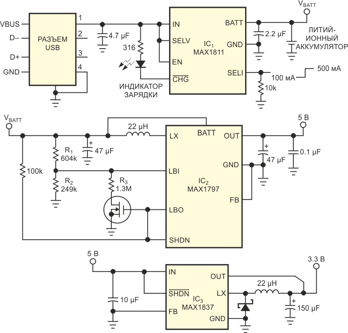 Получая питание от порта USB, эта схема вырабатывает напряжения 5 и 3.3 В для портативных приложений.