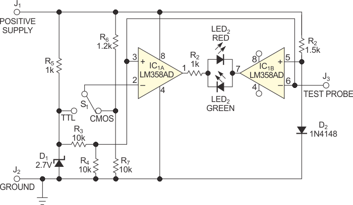 Two comparators and some voltage dividers determine the status of a TTL or a CMOS-logic signal.