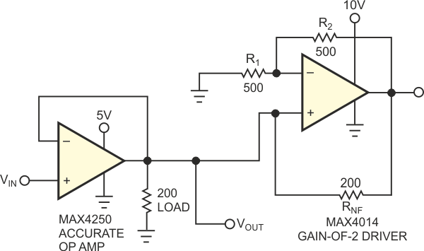 Connecting a negative resistance in parallel with the load enables a precision op amp to drive 200 V.