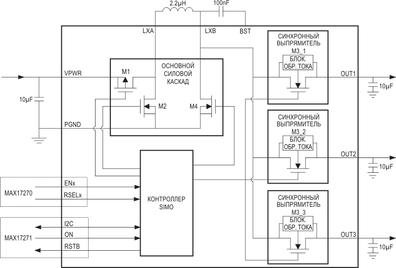 Трехканальный SIMO-преобразователь на основе MAX17270/MAX17271.