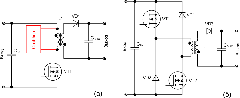 Схемы обратноходовых преобразователей с одним (а) и двумя (б) транзисторам на первичной стороне.