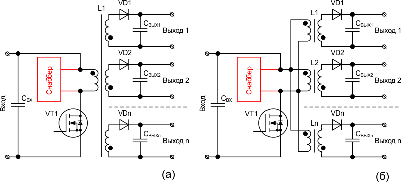 Многоканальный обратноходовой преобразователь с одним (а) и несколькими накопительными дросселями (б).