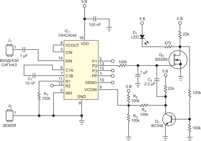 В этом аналоговом частотном компараторе для индикации верхнего и нижнего пределов частоты используется светодиод.