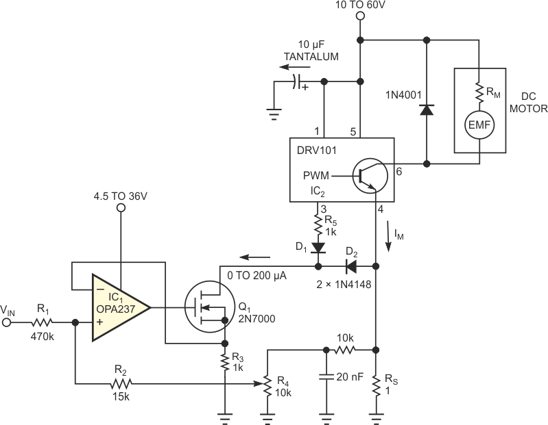 Positive feedback derived from current-sense resistor RS increases the duty-cycle drive from PWM controller IC2 to compensate motor speed with varying loads.