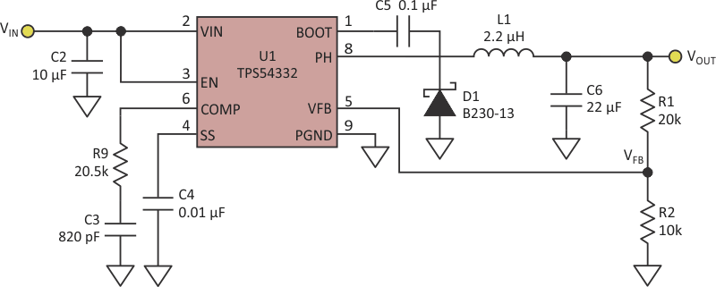 Выходное напряжение обычного понижающего DC/DC преобразователя фиксировано и зависит от отношения сопротивлений резисторов делителя R1/R2.