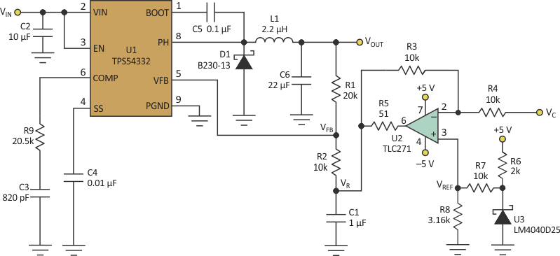 The added circuitry in this version of the DC-DC converter permits control of VOUT by varying a control voltage, VC.