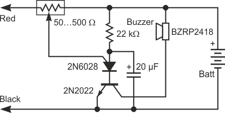 This audible ohmmeter makes use of a programmable unijunction transistor.